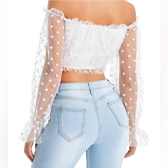 OFF SHOULDER White Felt Polka Dot Sheer Mesh Bell Sleeve Crop Top XS 0 2 - Picture 4 of 5